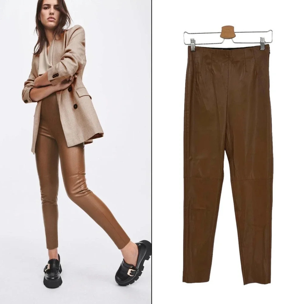 Zara High Waist Faux Leather Leggings‎ Brown Size Medium